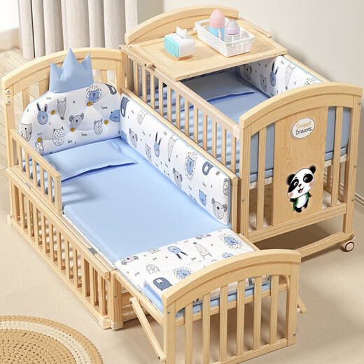 ULOP crib solid wood splicing large bed multi-functional mobile small apartment newborn bb bed double-layer baby rocking bed large bed + brown mattress + five-piece set, free mosquito net + nursing table