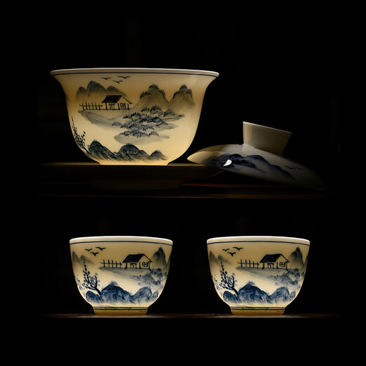 Gold-inlaid jade covered bowl tea set Kung Fu teacup set mutton-fat jade ceramic hand-painted landscape household simple three pieces close to mountains and rivers