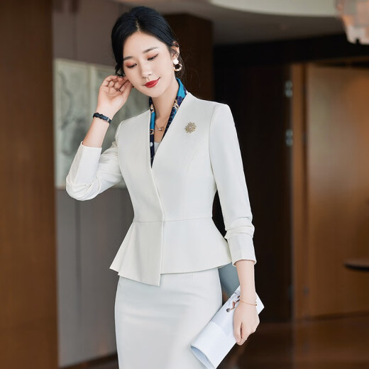 安依莲美容院工作服珠宝店西装套裙两件套春季职业装女人味西服工装制服 2987白色西装+653短群 XL