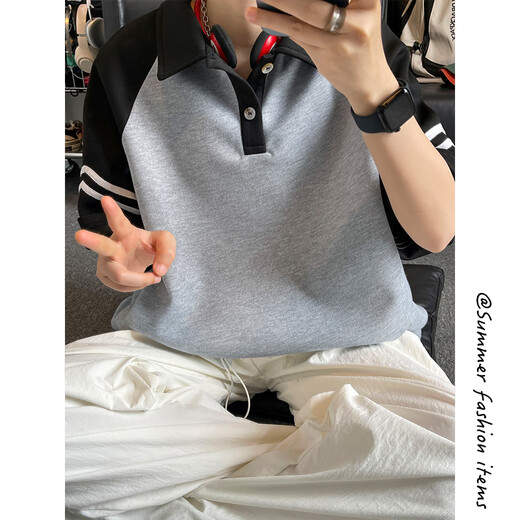 POUM短袖男夏季日系撞色T恤ins潮牌高街宽松插肩袖拼色翻领polo衫 HN-T3527灰身黑袖 M (建议90-115斤)