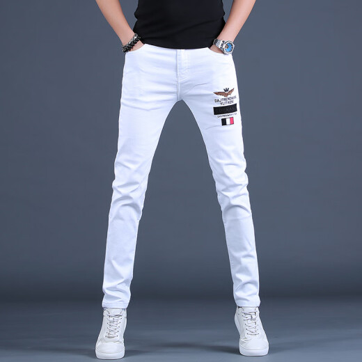 
Ke Jiehao 2025 spring and summer men's white slim jeans slim-fitting embroidered small feet casual trousers elastic printed pants trendy 6621 white hot diamond style 32