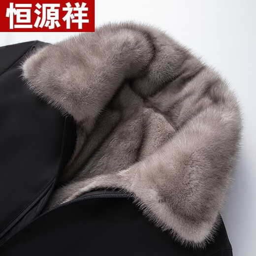 恒源祥品牌男装尼克服男貂皮整貂大衣翻领派克服中老年保暖短款皮毛一体 【卡其色内胆】-黑壳 M 100斤以下