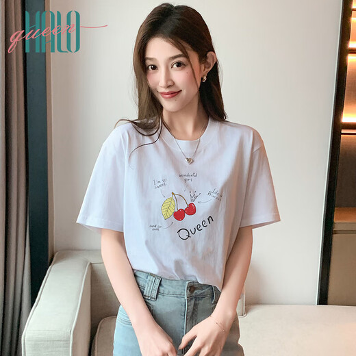 Halo Queen短袖T恤女夏季薄款休闲宽松圆领上衣樱桃涂鸦印花T恤H143T1591