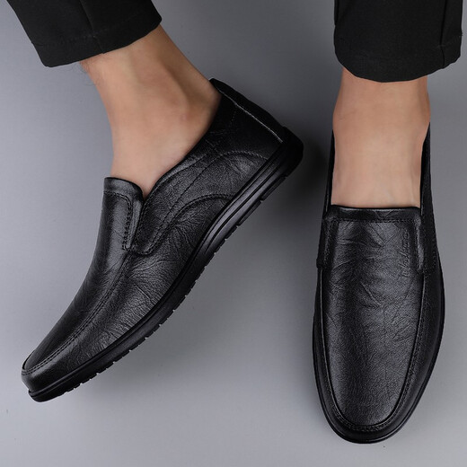 CLOHOO leather shoes men's spring and autumn genuine leather business casual breathable comfortable shoes men's formal shoes lazy beanie driving shoes black four seasons 42