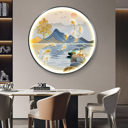 Three ants New Chinese style Jiuyu Picture Porch Decorative Painting with Lights Round Mural Entrance Door Painting Living Room Hanging Painting Landscape Crystal Porcelain Painting Jiuyu Jucai 1342 Diameter 100cm Remote Control Connection Power Supply Gold Aluminum Alloy Frame