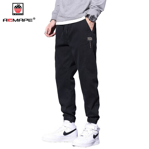 AEMAPE jeans men's trendy brand loose ties pinched pants men's 2025 spring and summer new style plush casual pants men 9859 black M