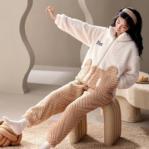 Xinai Centennial Pajamas for women in winter coral velvet warmth and thickened casual cartoon flannel red women's home clothes and outerwear suit MX6621 women M