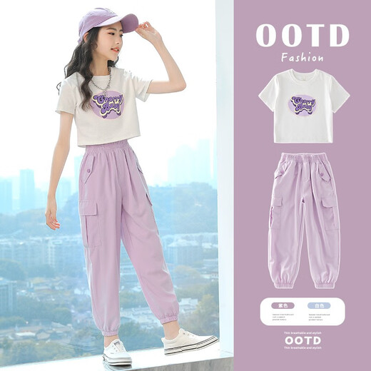 Girls' summer dress fashionable new children's short-sleeved suit summer thin medium-sized children's casual two-piece set 16012 purple + 9889 white 140 CM
