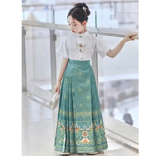 
Lekali [with necklace] Children's horse-faced skirt girls Hanfu modified ancient style suit girls Chinese style ancient costume Ming style long sleeve suit height 160cm [Gift necklace]