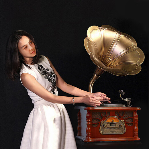 Vannessy European retro 25X gramophone vinyl record player living room audio old-fashioned record player Bluetooth speaker British brown upgraded version (copper horn)