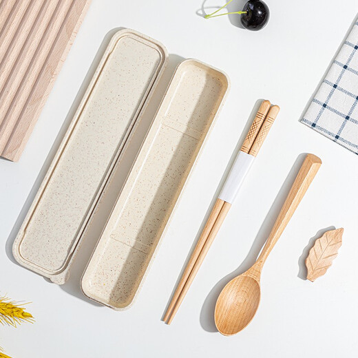 Half-life portable tableware, Japanese-style wooden chopsticks and wooden spoon set, wooden chopsticks and spoons with storage box, student and children's travel tableware, beech wood chopsticks and spoons two-piece set