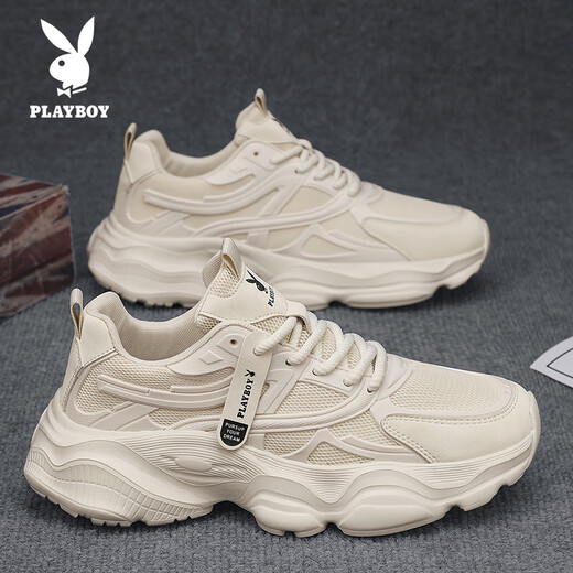 花花公子（PLAYBOY）老爹鞋男鞋2025夏季鞋子男士休闲鞋厚底透气运动鞋 米色 42