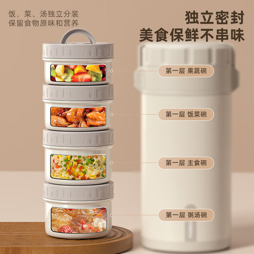 nRMEi 24-hour extra-long insulated lunch box, four-layer rice bucket, multi-layer 316L stainless steel office worker with rice, large-capacity pot