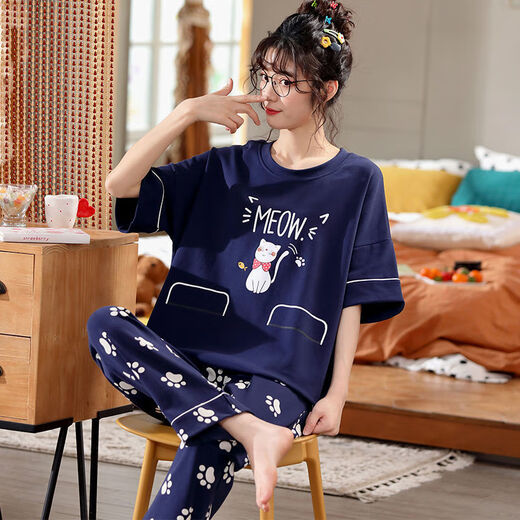 浪莎（langsha）睡衣女夏季棉质短袖薄款套装加大码胖mm200斤可爱卡通宽松家居服 B9923七分裤 M (80-100斤内)