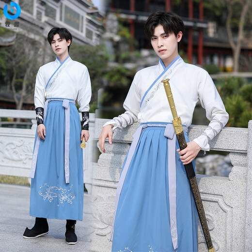 The Chinese style ancient costume large size cross-collar long sleeve two-piece set for Hanfu boys black scholar swordsman ancient style suit black 826 set 5XL 230Jin [Jin equals 0.5 kg]