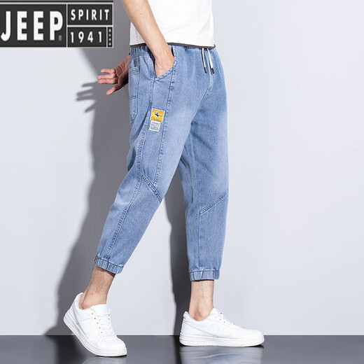 JEEP SPIRIT七分牛仔短裤男士夏季薄款束脚宽松哈伦裤潮牌松紧腰八分裤子男款 蓝色 3XL