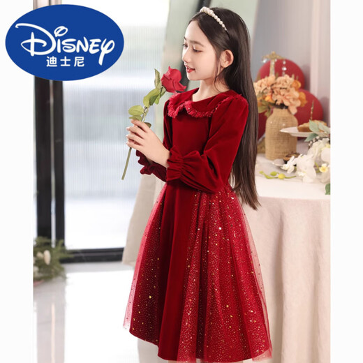 Disney Girls Dress Velvet Children's Skirt Red Princess Dress Host Performance Clothes Autumn and Winter Long Sleeve Plus Velvet Red Plus Velvet 140