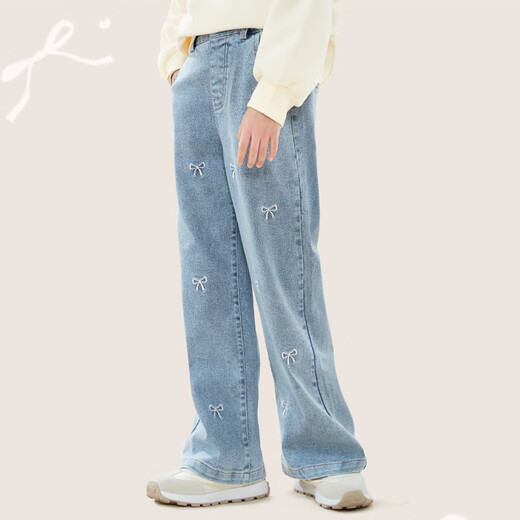 Domeowu Girls' Denim Flare Pants 25 New Autumn and Winter Children's Pants Medium and Large Children's Stretch Pants Bow Mid Blue 140