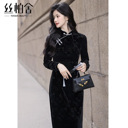 Sibaishe new Chinese style dress 2025 autumn new women's national style buckle embossed back slit cheongsam