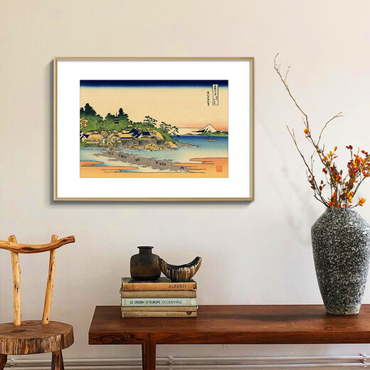 爱麒神奈川冲浪里原木风海浪挂画客厅餐厅装饰画民宿酒店玄关日式壁画 ZFL759款：東海道 整体尺寸：80*110cm 红木色实木框升级款细框