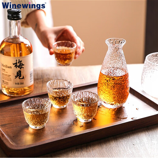 WINEWINGS Japanese hand-made glass wine warmer set, home liquor dispenser, hammered sake ice wine jug, Japanese wine cup, wine set, gold-painted style/wine warmer set, one pot, 4 cups, one cylinder, tray not included