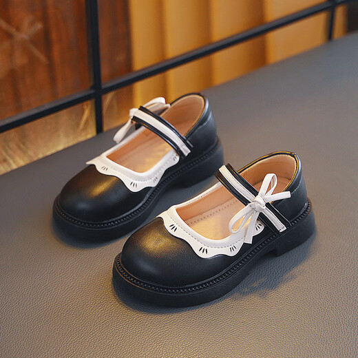 Xi'er small leather shoes for girls, children's spring and autumn princess shoes, student performance bows, big children's single shoes, college style performances, small leather shoes with bows, black, single layer, inner length 22cm