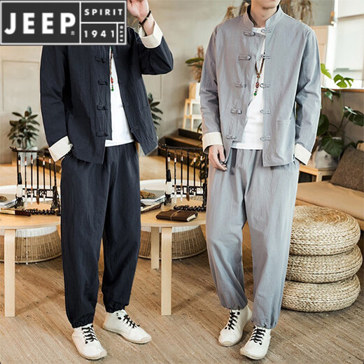 JEEP SPIRIT中国风男装亚麻套装男士秋季唐装汉服两件套中式复古风茶禅居士服 酒红色(A804) L 建议体重115-130斤