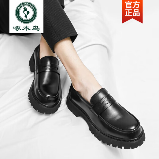 Woodpecker Men's Moders 2025 Nouvelles chaussures pour hommes Souleuses épaisses semelles brillantes Chaussures en cuir à tendance Lazy Chaussures 3519 Black High Quality version 40