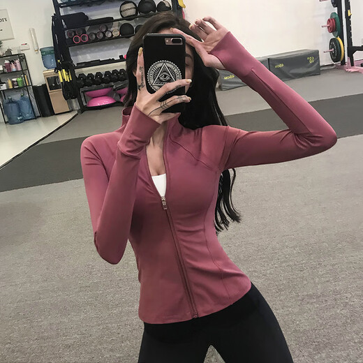 槿城瑜伽服女修身显瘦拉链运动外套长袖速干紧身衣跑步健身服WT60 玫红色 XL