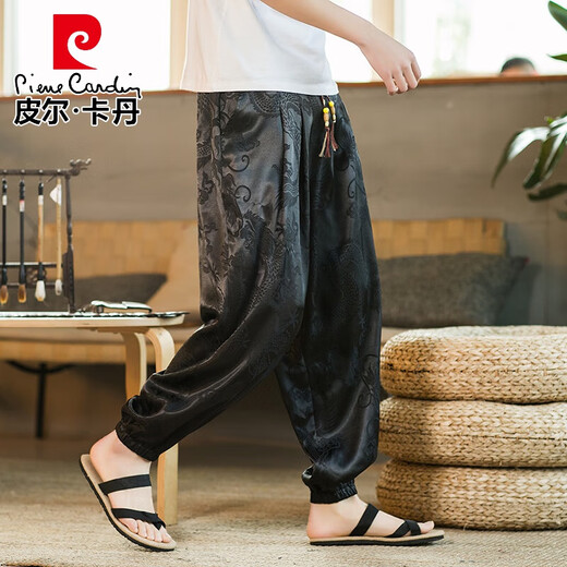 Pierre Cardin Ice Silk Casualhose Herren Sommer dünne Haremhose Chinesische Dragon Muster Print Trendy Brand Tang Anzug geschnittene Hosen Schwarz M.