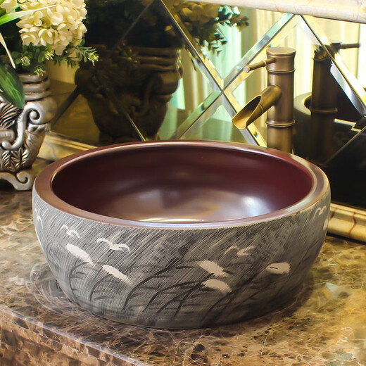 Countertop ceramic washbasin round single basin retro European art washbasin home bathroom washbasin hand-painted green lotus
