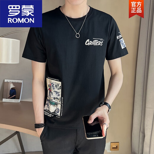 罗蒙（ROMON）夏季印花T恤男生修身2025新款百搭潮潮流体恤棉质帅气半袖上衣 白色 M