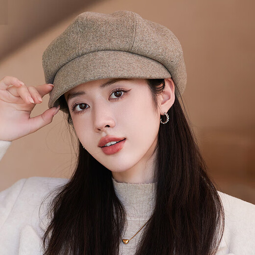 Jimmy Leaf British retro octagonal hat for women autumn and winter Korean version new painter hat casual all-match simple beret small face Mocha color M (56-58cm)