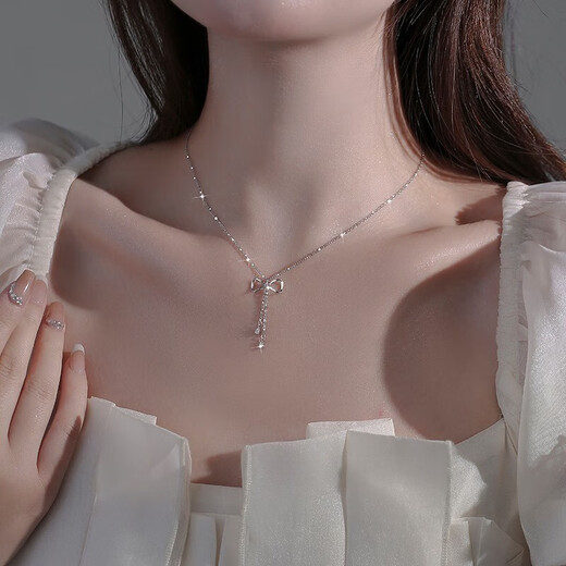 Chaoyu S925 Silver Bow Necklace Feminine Simple Clavicle Chain Small Fresh Forest Style Tassel Necklace Valentine's Day Gift French Bow Necklace