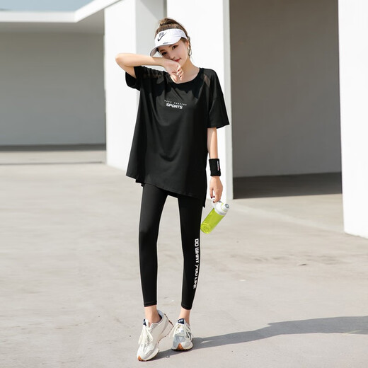 Zuolangdi yoga suit women's fitness suit summer new large size fat mm loose slimming running sports suit black three-piece set M (42-52KG recommended)