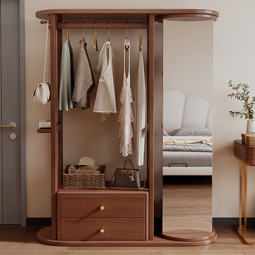 福岚实木衣帽架全身镜一体家用可旋转穿衣镜落地挂衣架卧室收纳置物架 胡桃色（送货上门包安装）