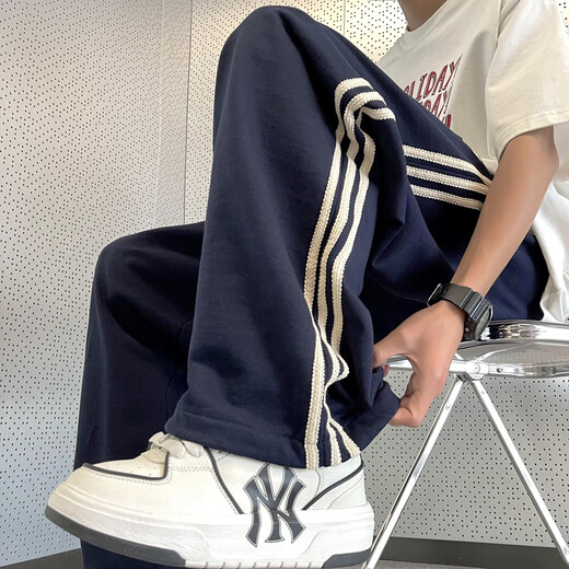 Du Xiaoxian three stripes casual pants men's summer fashion brand trendy loose sportswear style trousers handsome drawstring leggings navy blue L recommended 110-130Jin Jin equals 0.5 kg