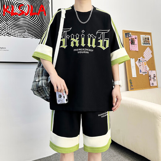 
KLSJLA casual suit men's summer trendy brand ice silk sports short-sleeved shorts men's suit a set with handsome teenagers DT681 khaki suit L 175 (about 120-145 Jin [Jin equals 0.5 kg] can be worn)