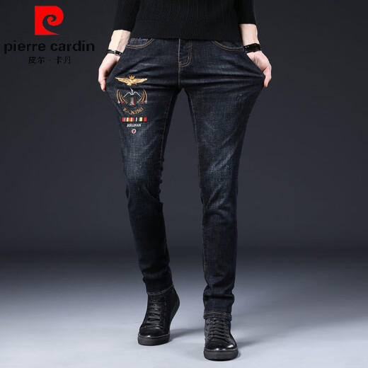 皮尔卡丹（pierre cardin）香港男士针织牛仔裤春秋冬新款时尚刺绣花弹力修身休闲百搭小脚裤 浅灰色6628 30 (2尺3)