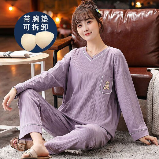 Commander Xiong's pajamas with bra, long-sleeved autumn and winter new style pajamas with breast pads for women in spring and autumn, long-sleeved trousers plus large breast pads 6913 10XL m80-100Jin [Jin equals 0.5 kg]