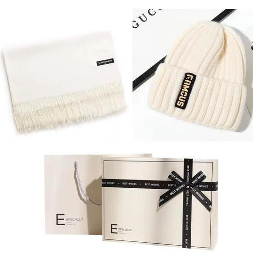 Vierköpfiger Set von Hut-, Handschuhen, Schal, warm und samtiger Ohrschützer für Männer und Frauen, verdickte Herbst- und Wintergeschenke, weiß