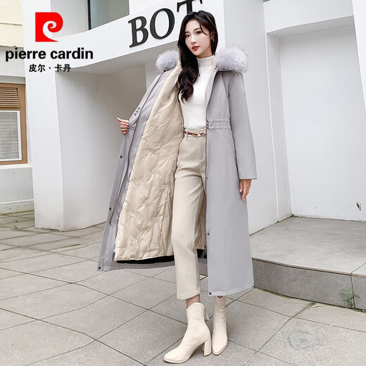 Pierre Cardin high-end duck down rabbit fur thickened removable liner long knee-length down jacket winter parka women's coat black snowflake fox fur collar 3XL 150-170Jin Jin equals 0.5 kg