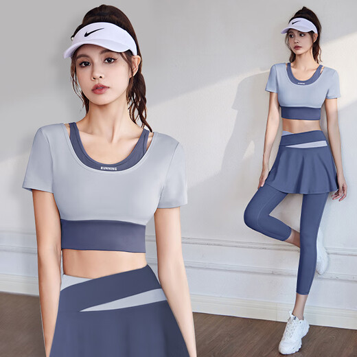徽昂运动套装女瑜伽服跑步健身服速干衣含胸垫t恤假两件短袖裙裤蓝M
