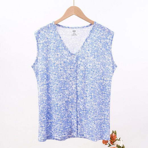 AB内衣女士夏季纯棉薄款开衫印花背心中老年全棉大码宽松睡衣S724 蓝印花 3XL