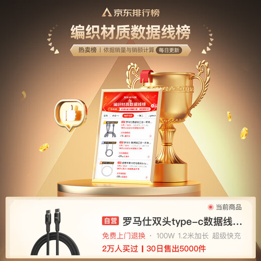 罗马仕双头type-c数据线PD100W快充线c to c车载充电线5A适用苹果iPhone15/16ProMax/iPad笔记本华为手机