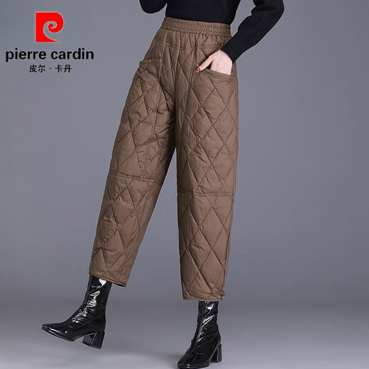 Pierre Cardin Down I Cotton I Pants Women's Outer Wear 2025 New Winter Fashion Women's Velvet Thickened Eight-Point Pants Mom's Warm Cotton Brown Authentic Counter Quality XL Recommended 115-130 Jin Jin equals 0.5 kg