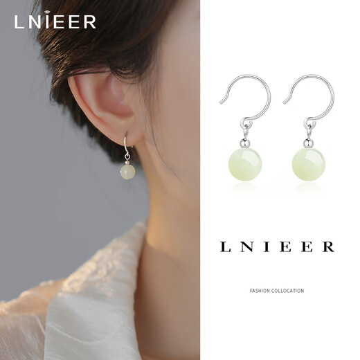 Lnieer S925 Silver Hetian Jade Earrings Feminine Earrings Ear Hooks Light Luxury Retro Style Niche 2025 New Silver Earrings Hetian Jade Earrings S925 Silver