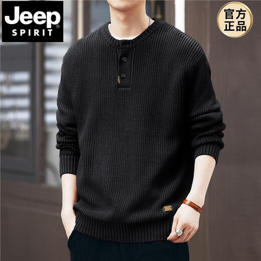 JEEP SPIRIT American retro black knitted Henley sweater men's autumn and winter trendy brand lazy loose casual pullover sweater for men and women Khaki L
