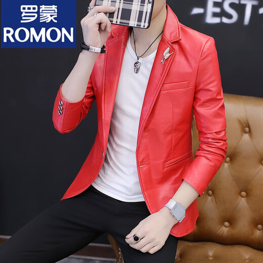 
ROMON PU leather suit men's spring and autumn new casual long-sleeved suit jacket slim Korean style leather handsome youth jacket 1712 white M