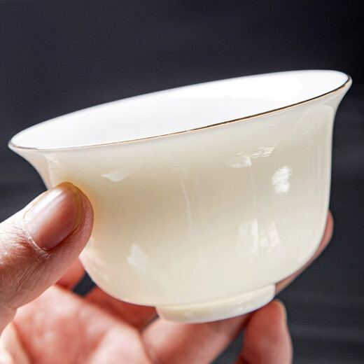 Jingcizhai Mutton Fat Jade White Porcelain Kung Fu Tea Set Home Light Luxury High-End Ceramic Covered Bowl Tea Cup New Complete Set Gold Painting-White Bean Fat Jade Covered Bowl 9-Head Perfect Cup